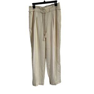 Chico's Straight Leg Pants 10R Cream Fancy Rope Belt  Pockets Paperbag waist NWT